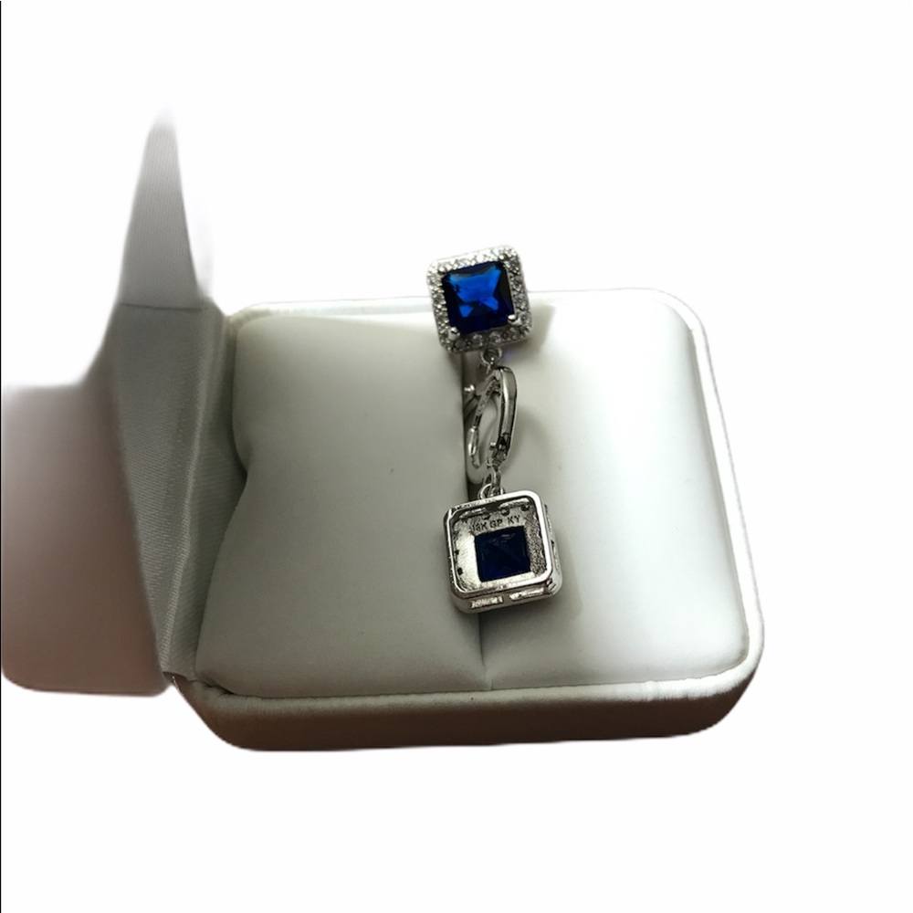 18k GP stamped lab made sapphire earrings - Picture 7 of 11
